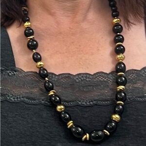 Vintage Necklace Long with Black Beads and Gold Accents